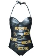Moschino Chain And Leather Illusion Swimsuit, Women's, Size: 48, Grey, Polyester/spandex/elastane
