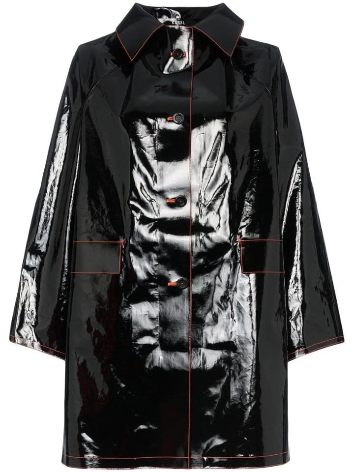Kassl Single Breasted Long Patent Cotton Blend Coat - Black