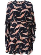 Valentino Bird Print Cape Dress, Women's, Size: 40, Blue, Silk