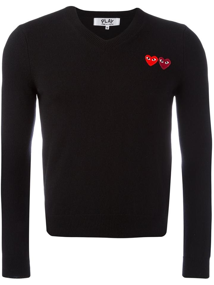Comme Des Garçons Play V Neck Fine Knit Jumper, Men's, Size: Medium, Black, Wool