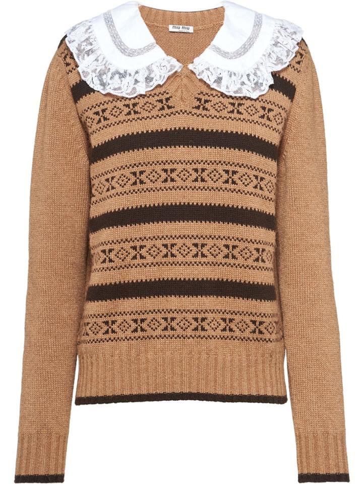 Miu Miu Lace Collar Fair Isle Jumper - Brown