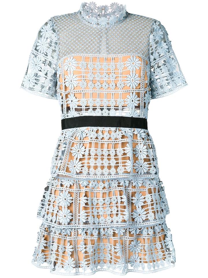 Self-portrait Tiered Floral Crochet Dress - Blue