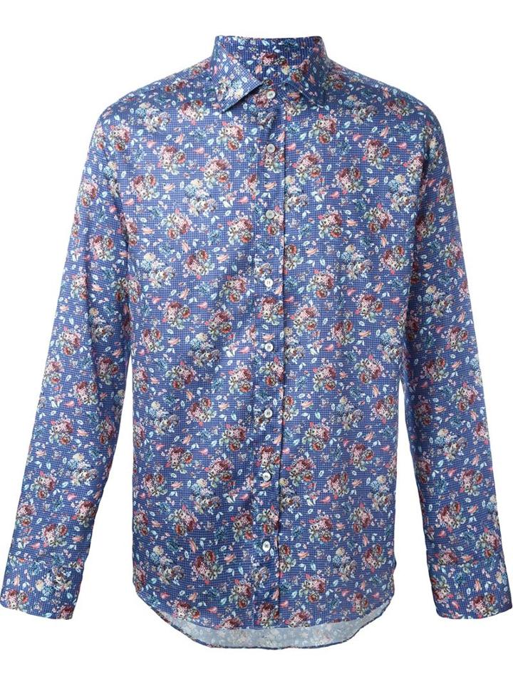Etro Mixed Print Shirt, Men's, Size: 43, Blue, Cotton