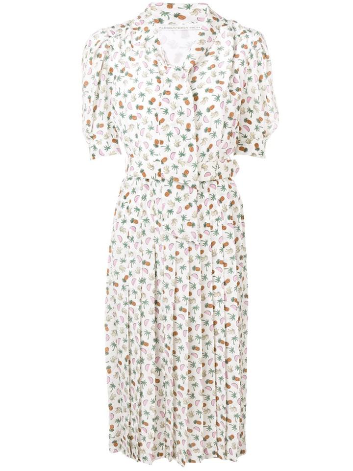 Alessandra Rich Fruit Print Pleated Dress - White
