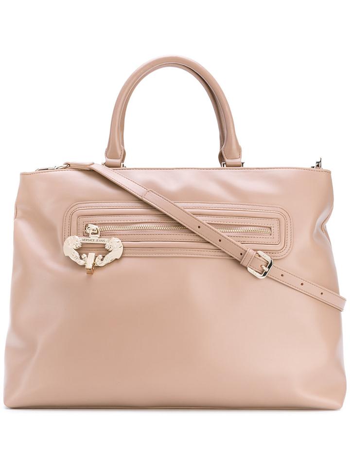 Versace Jeans - Logo Zip Tote Bag - Women - Polyester/metal (other)/polyurethane Resin - One Size, Nude/neutrals, Polyester/metal (other)/polyurethane Resin