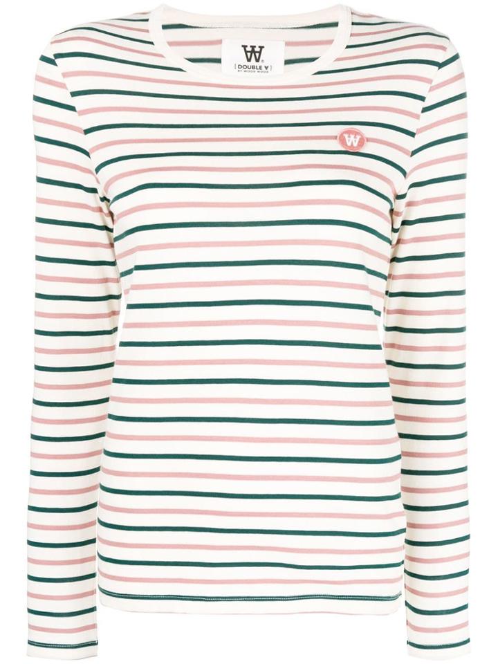 Wood Wood Striped Logo Long Sleeved T-shirt - White