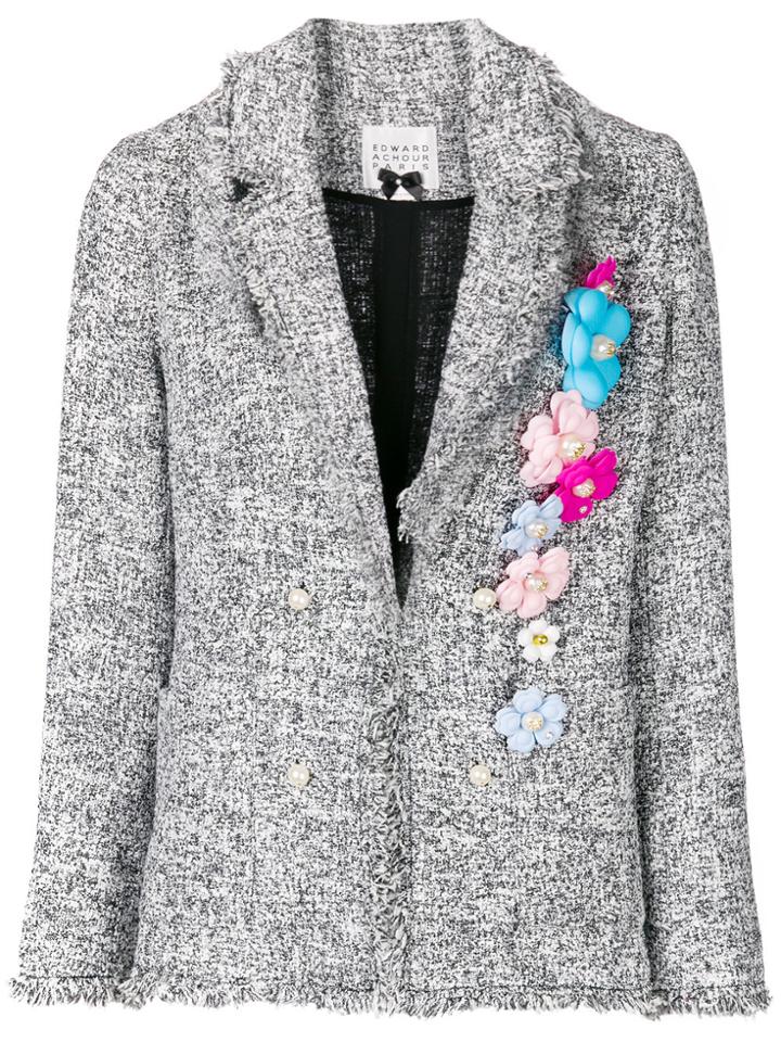 Edward Achour Paris Floral Appliqué Tweed Jacket - Black