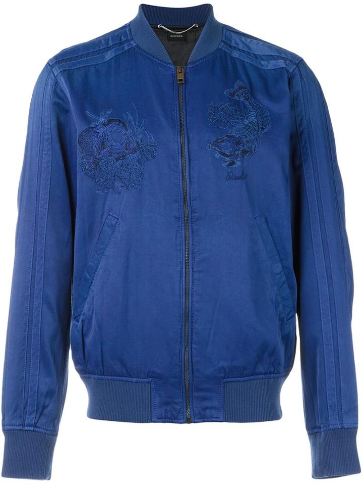 Diesel Embroidered Bomber Jacket, Men's, Size: Small, Blue, Polyester/viscose/rayon/spandex/elastane