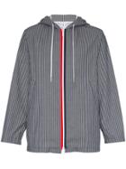 Thom Browne Stripe Print Hooded Cotton Jacket - Blue
