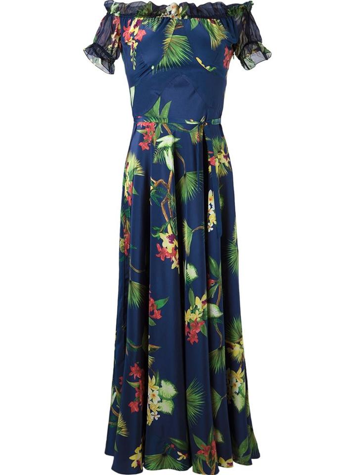 Isolda Off-shoulder Flared Long Dress, Women's, Size: 40, Blue, Silk