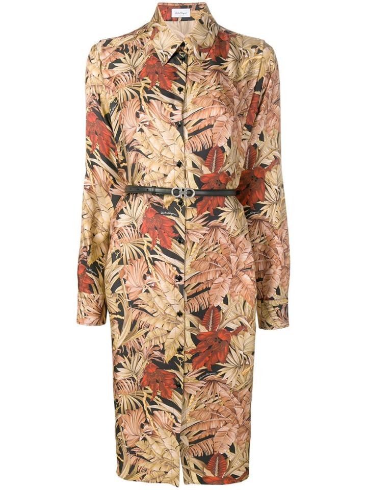 Salvatore Ferragamo Belted Floral Shirt Dress - Neutrals