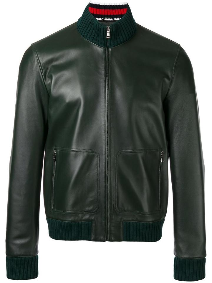 Gucci Leather Bomber Jacket, Men's, Size: 54, Green, Lamb Skin/polyamide/spandex/elastane/viscose