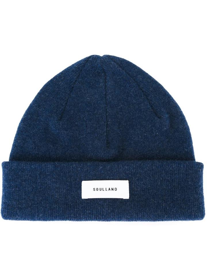 Soulland Logo Patch Beanie Hat, Men's, Blue, Wool