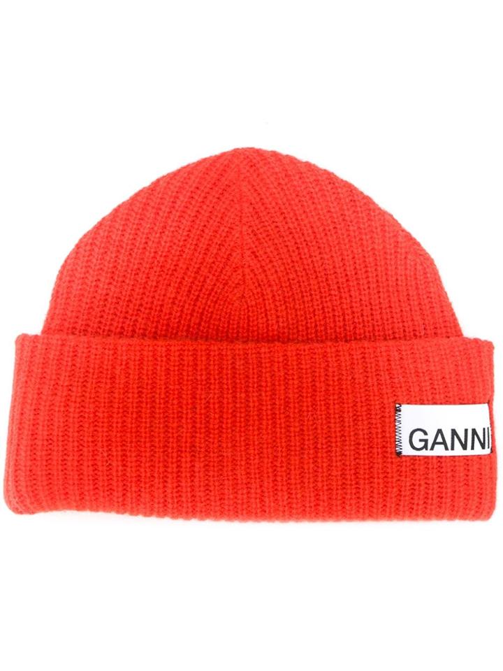 Ganni Logo Ribbed Beanie - Orange