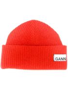 Ganni Logo Ribbed Beanie - Orange
