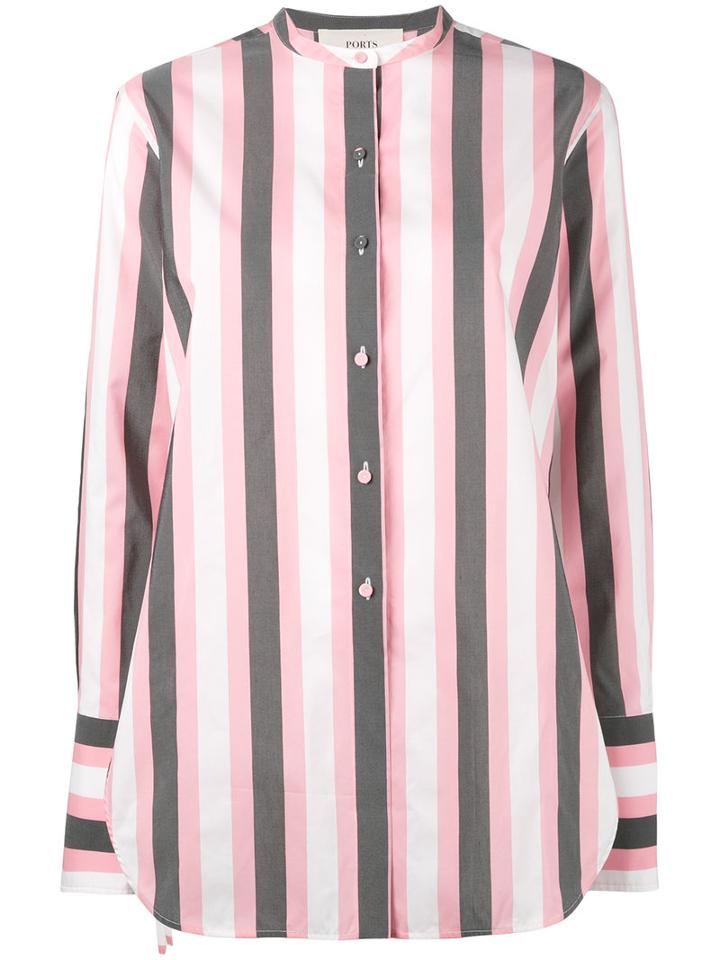 Ports 1961 - Striped Collarless Shirt - Women - Cotton/cupro - 46, Pink/purple, Cotton/cupro