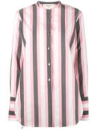 Ports 1961 - Striped Collarless Shirt - Women - Cotton/cupro - 46, Pink/purple, Cotton/cupro