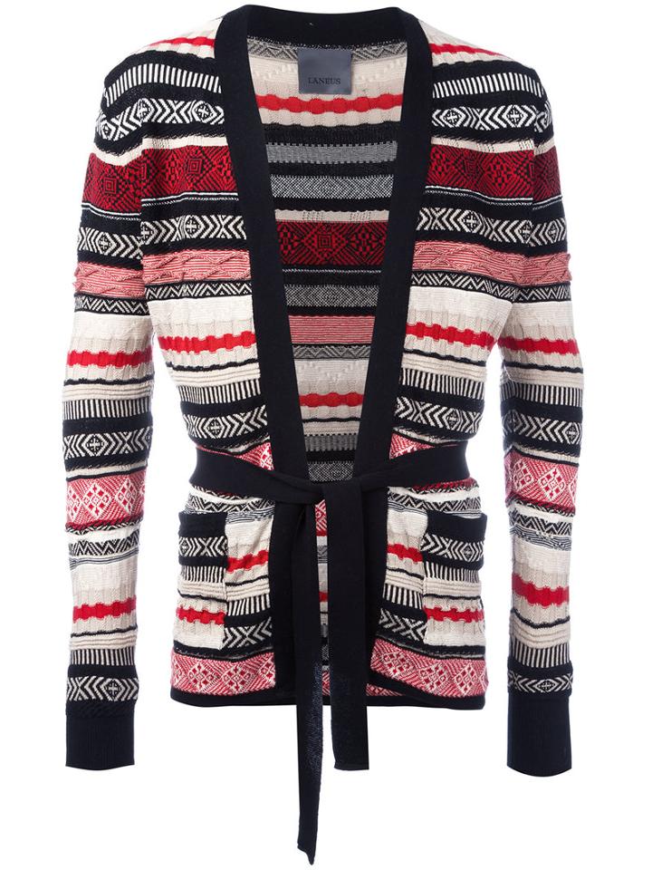 Laneus Multi-pattern Belted Cardigan, Men's, Size: 48, Black, Cotton