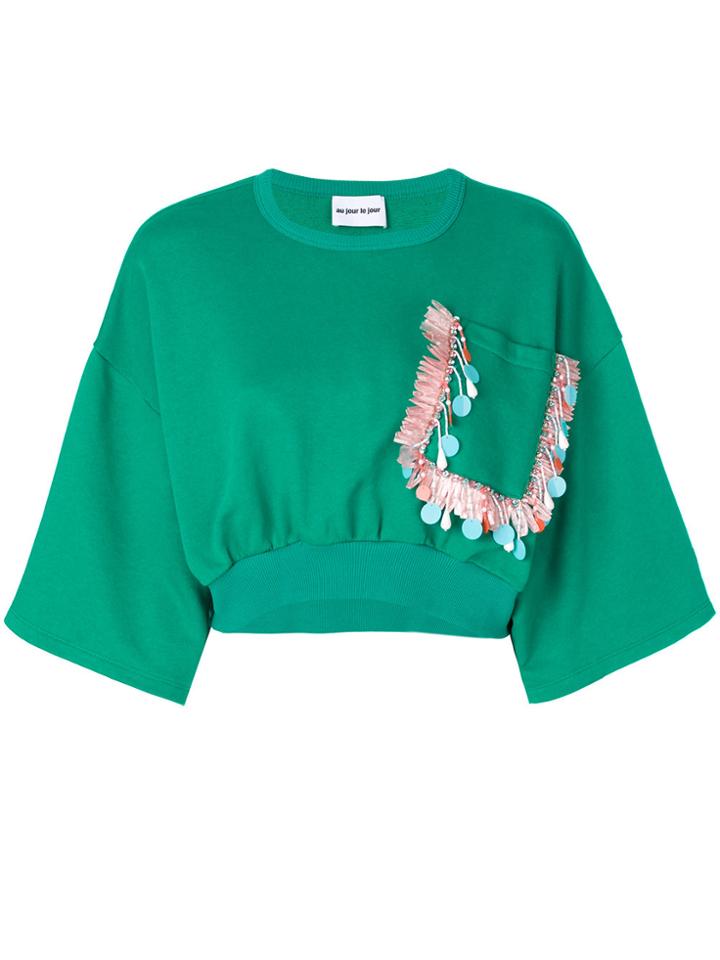 Au Jour Le Jour Cropped Embroidered Pocket Sweatshirt - Green