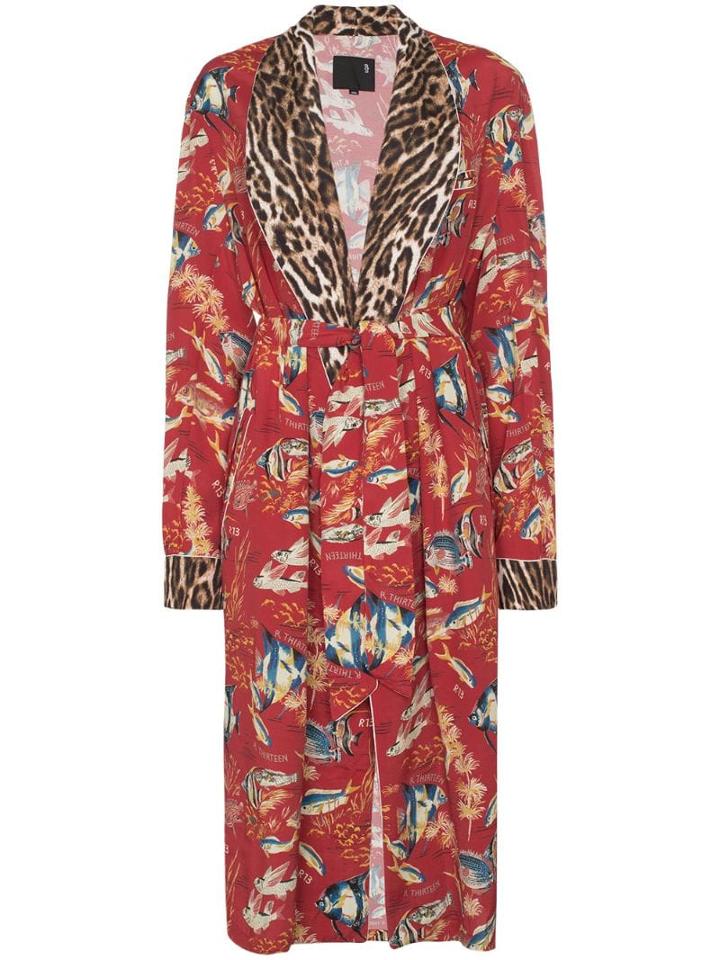 R13 Contrast-lapel Fish Print Kimono - Red