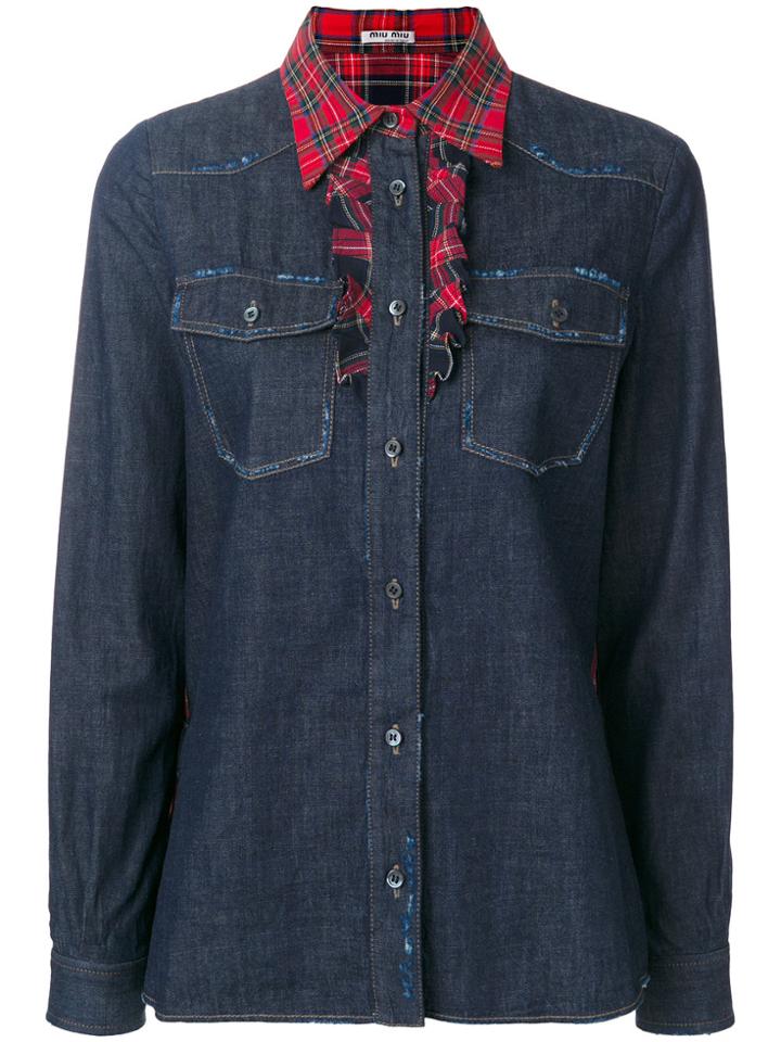 Miu Miu Tartan Trimmed Denim Shirt - Blue