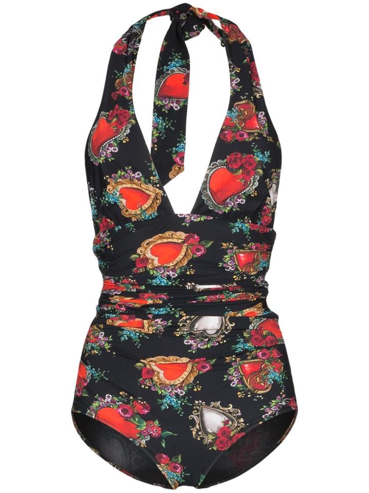 Dolce & Gabbana Scared Heart Rose Print Swimsuit - Black