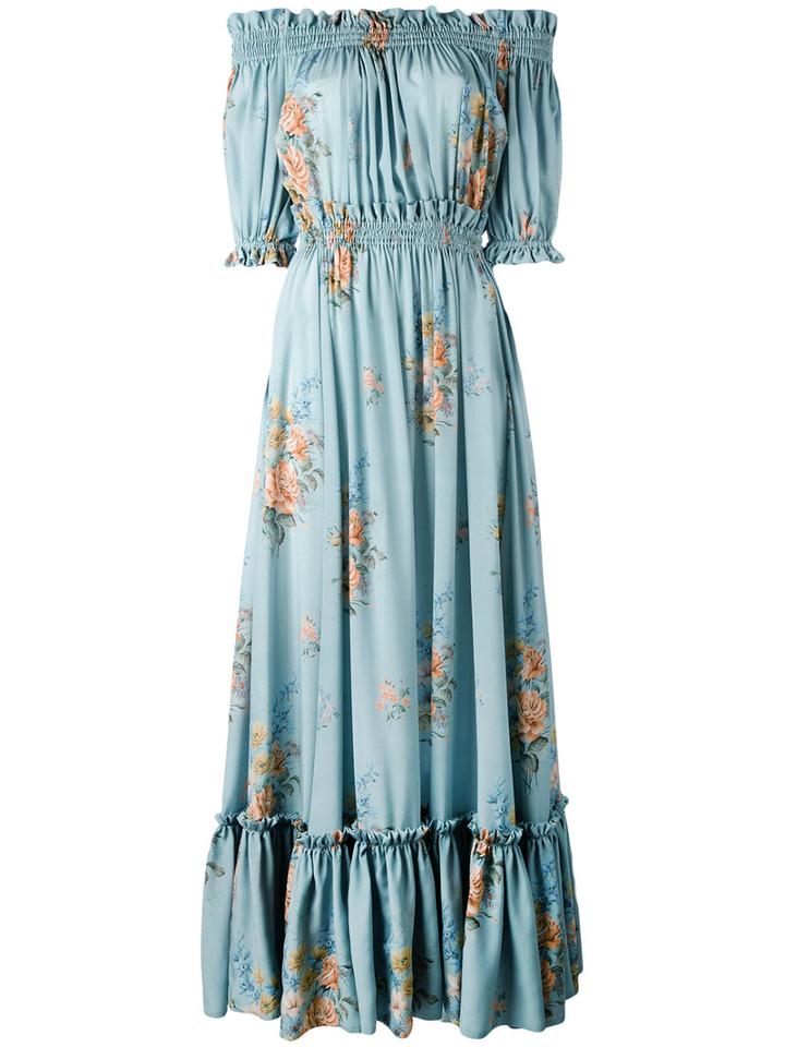 Off The Shoulder Smocked Dress - Women - Silk - 40, Blue, Silk, Alexander Mcqueen