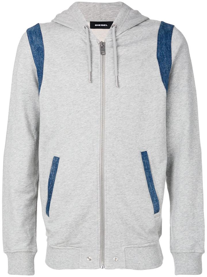 Diesel - Denim Inset Zipped Hoodie - Men - Cotton - S, Grey, Cotton