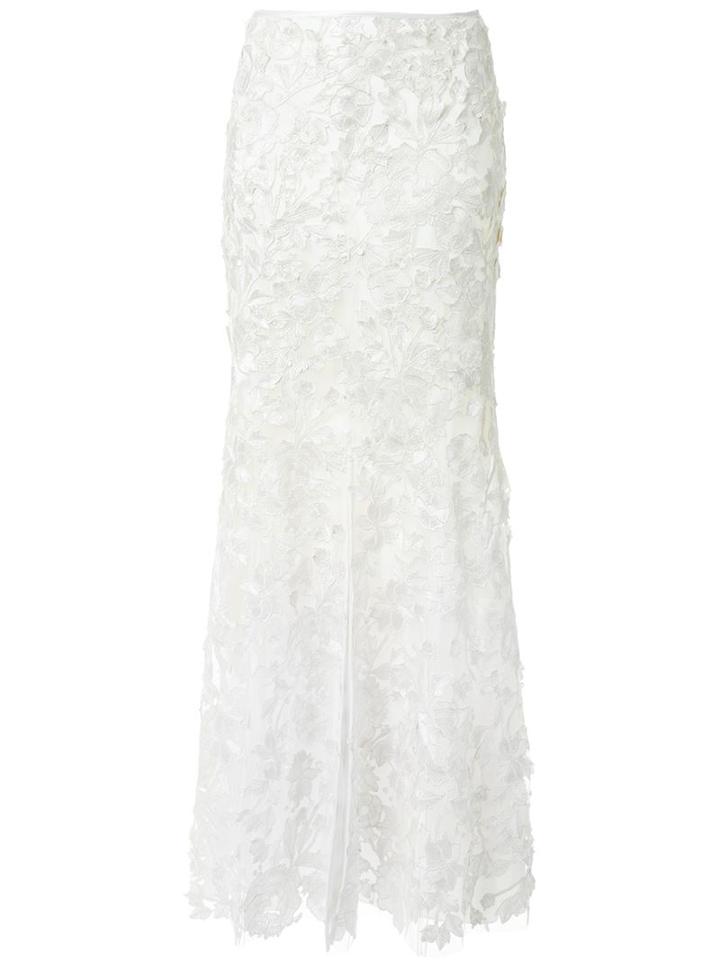 Adam Selman Floral Embroidered Flute Skirt, Women's, Size: 6, White, Silk/polyester