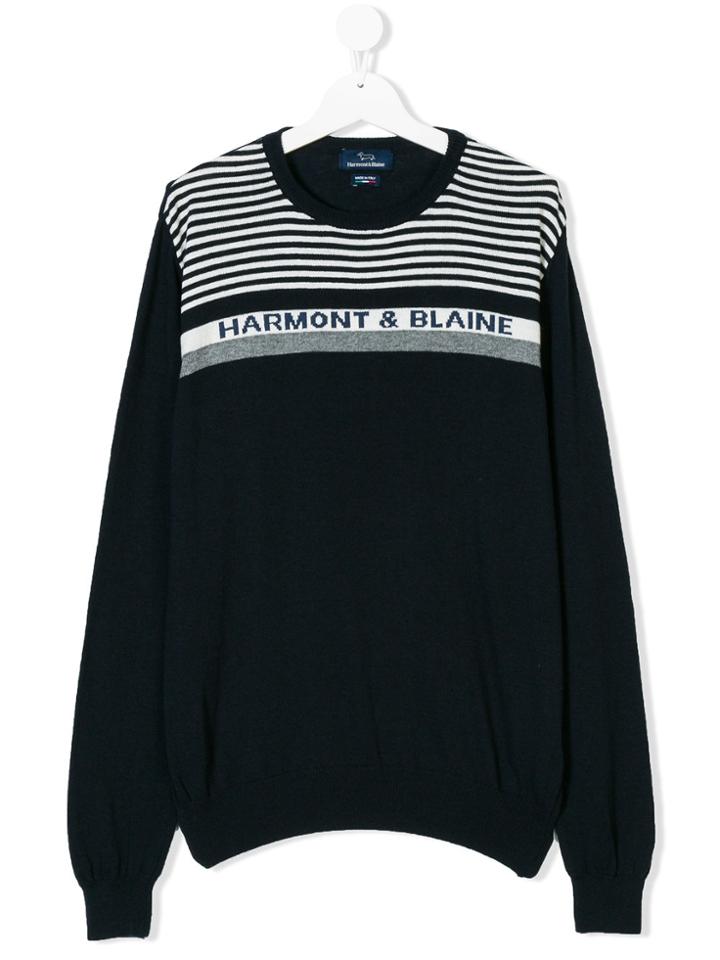 Harmont & Blaine Junior Striped And Logo Intarsia Jumper - Blue