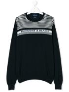 Harmont & Blaine Junior Striped And Logo Intarsia Jumper - Blue