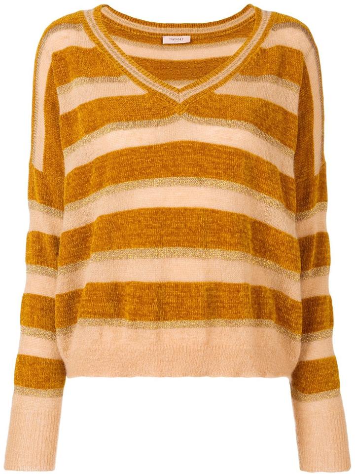 Twin-set Striped V-neck Sweater - Nude & Neutrals