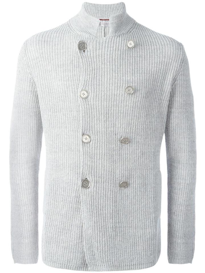 Brunello Cucinelli Double-breasted Ribbed Cardigan, Size: 52, Grey, Linen/flax/cotton