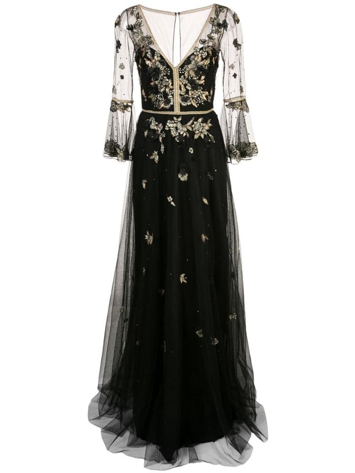 Marchesa Notte Floral Embroidery Gown - Black