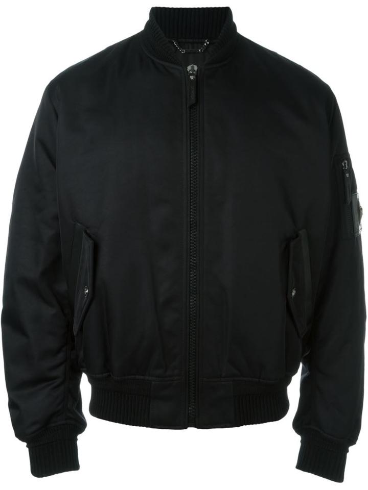 Versace Arm Detail Bomber Jacket, Men's, Size: 50, Black, Polyamide/viscose/cupro/lamb Skin