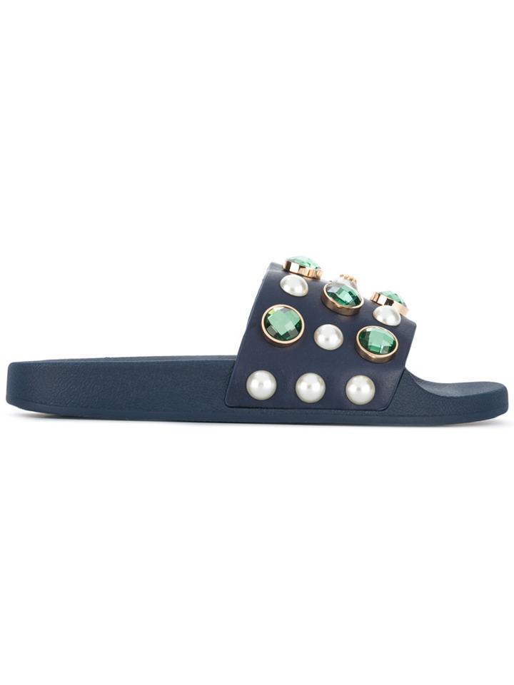 Tory Burch Jewel And Pearl Embellished Slides - Blue