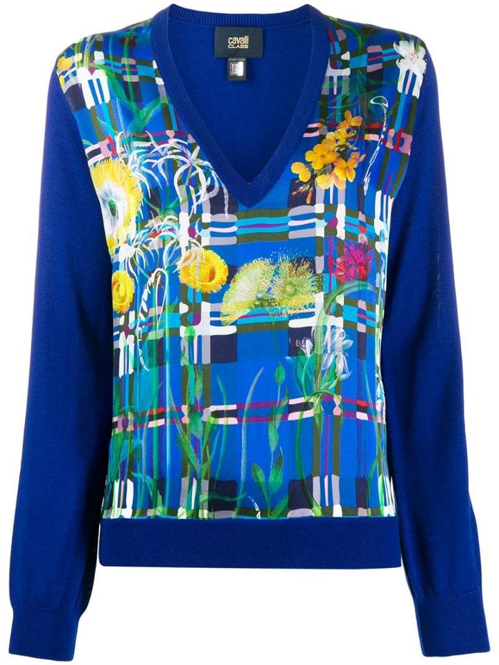 Cavalli Class Floral Print V-neck Jumper - Blue