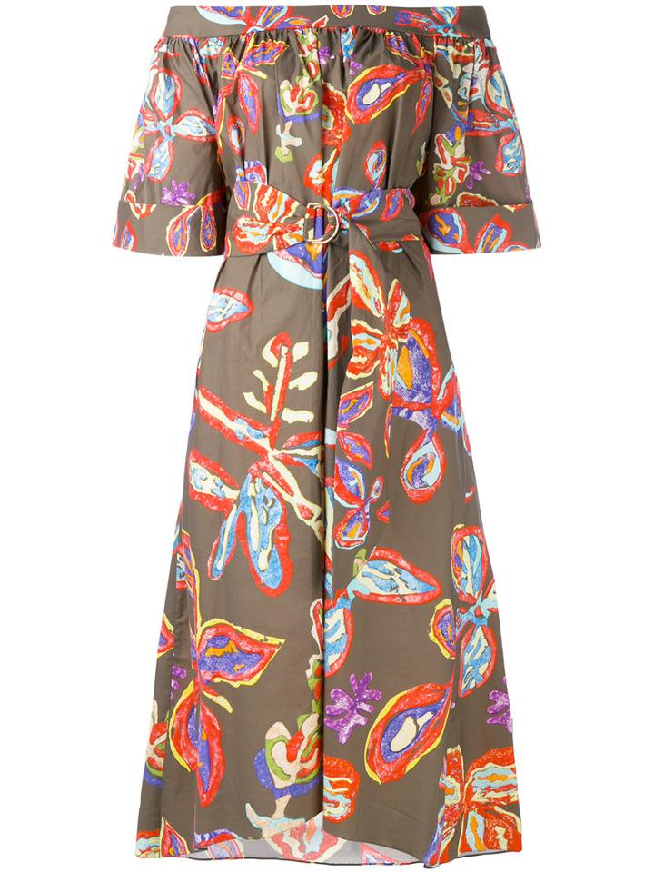 Peter Pilotto - Graphic Floral Bardot Dress - Women - Cotton/spandex/elastane - 6, Green, Cotton/spandex/elastane