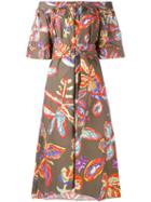 Peter Pilotto - Graphic Floral Bardot Dress - Women - Cotton/spandex/elastane - 6, Green, Cotton/spandex/elastane
