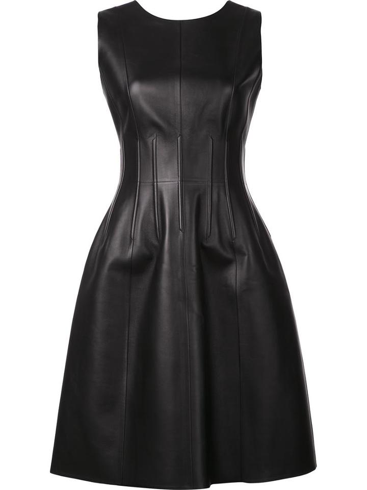 Oscar De La Renta Flared Lambskin Dress, Women's, Size: 12, Black, Lamb Skin