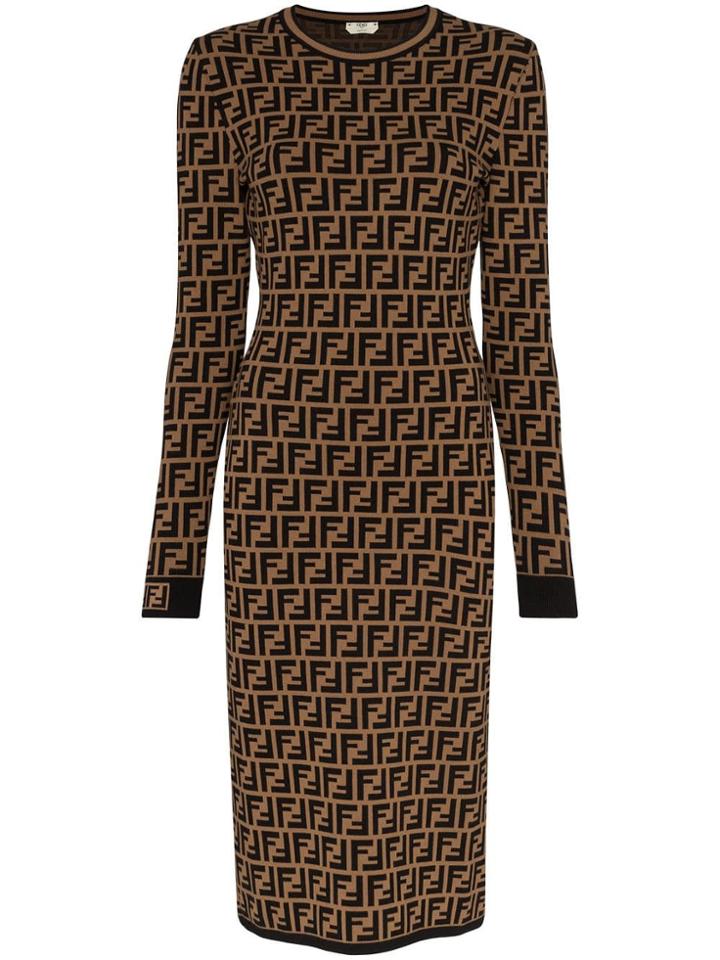 Fendi Logo Print Midi Dress - Brown