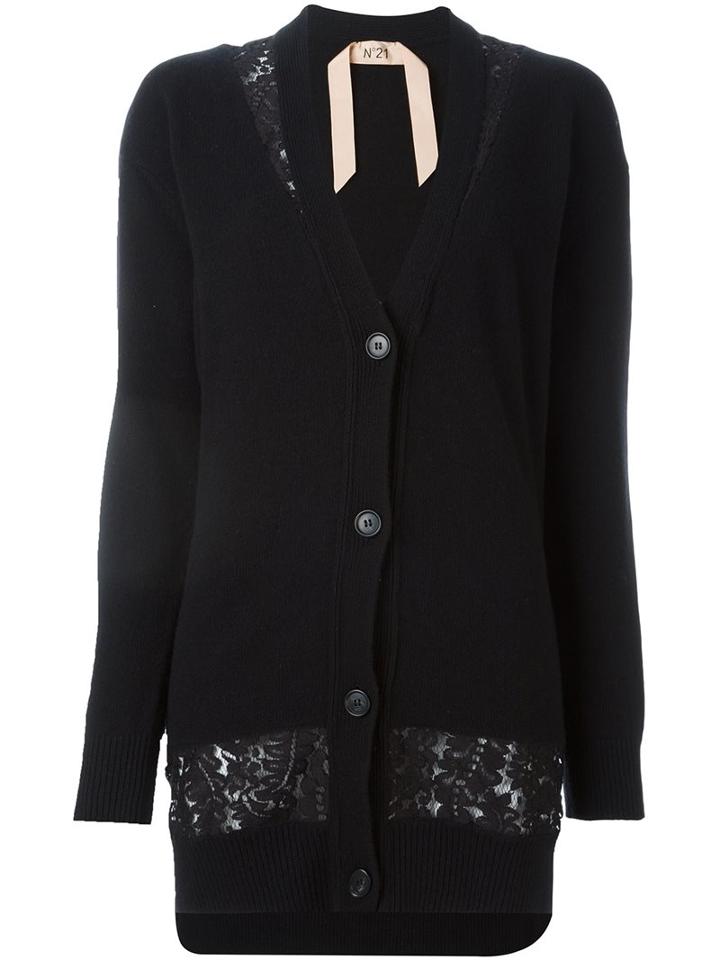 No21 Lace Detail Cardigan, Women's, Size: 48, Black, Cotton/polyamide/viscose/virgin Wool