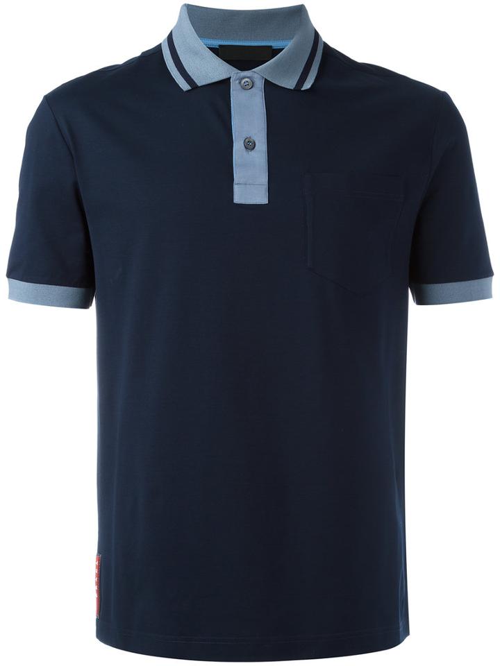 Prada Contrast Collar Polo Shirt, Men's, Size: Xl, Blue, Cotton/spandex/elastane