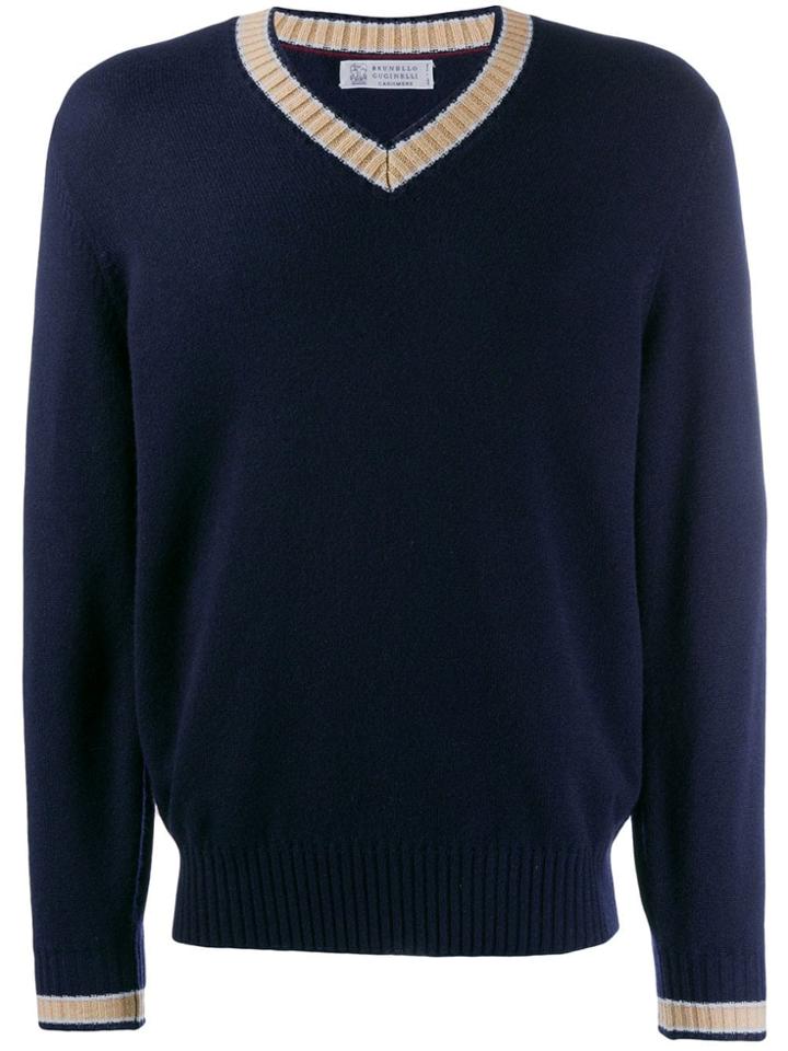 Brunello Cucinelli V Neck Knit Sweater - Blue