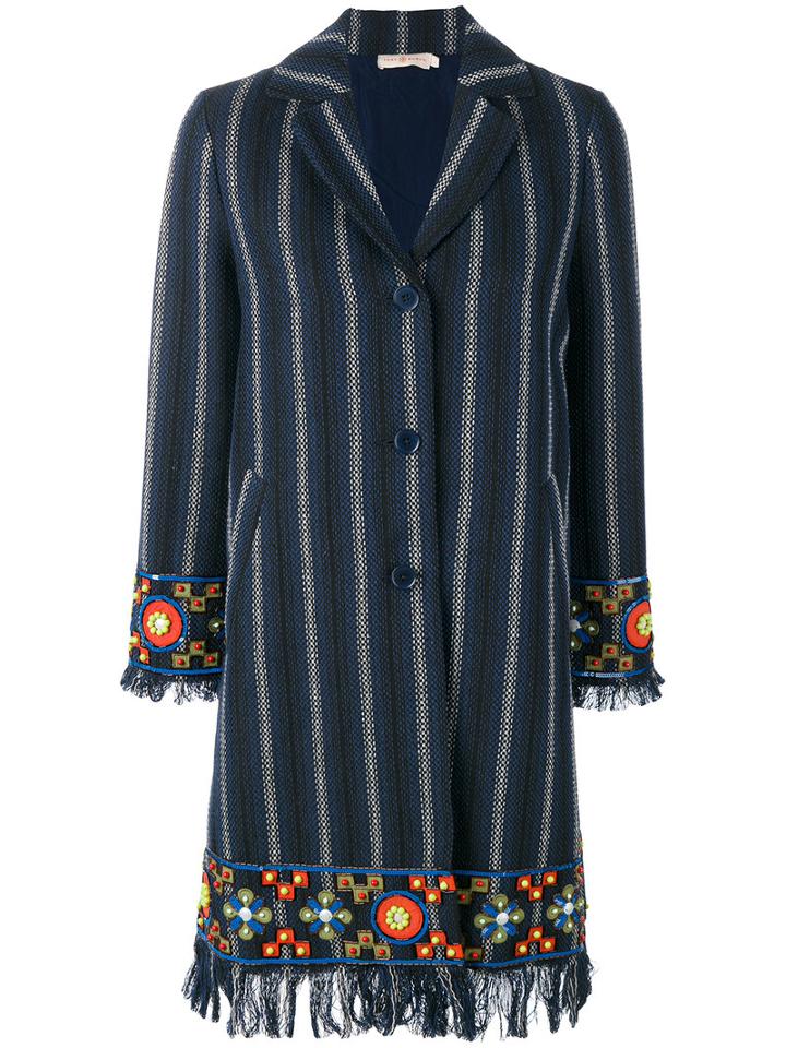 Tory Burch - Embellished Striped Coat - Women - Cotton/polyester/viscose/other Fibres - 4, Women's, Blue, Cotton/polyester/viscose/other Fibres
