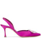 Manolo Blahnik Pink Satin Fiboslac Crystal 85 Slingbacks - Pink &