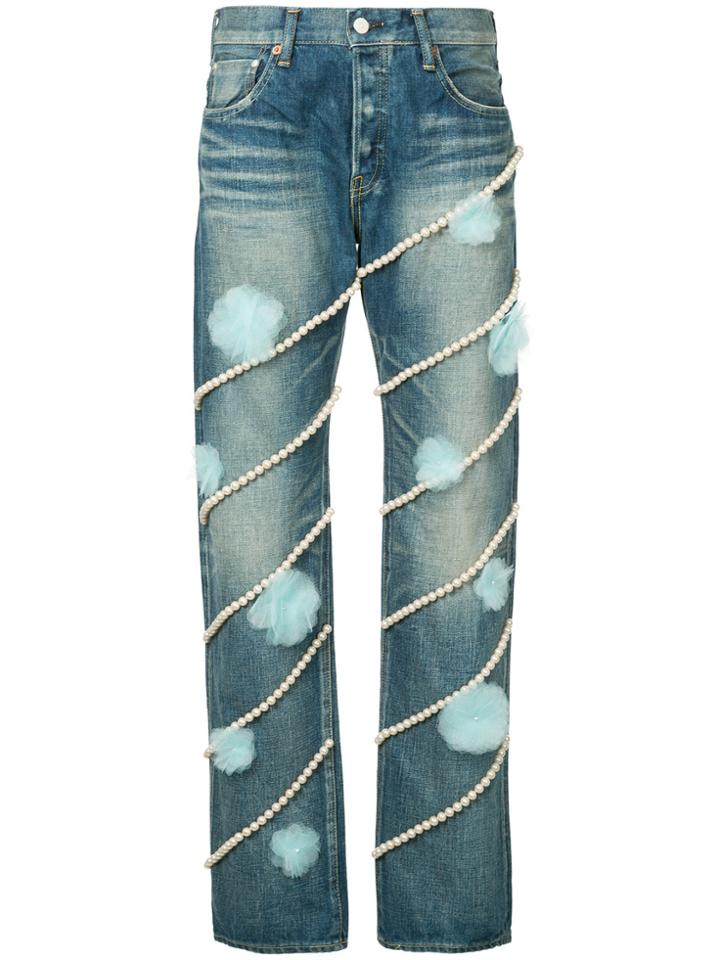 Tu Es Mon Trésor Regimental Pearl And Tulle Jeans Short Length - Blue