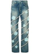 Tu Es Mon Trésor Regimental Pearl And Tulle Jeans Short Length - Blue