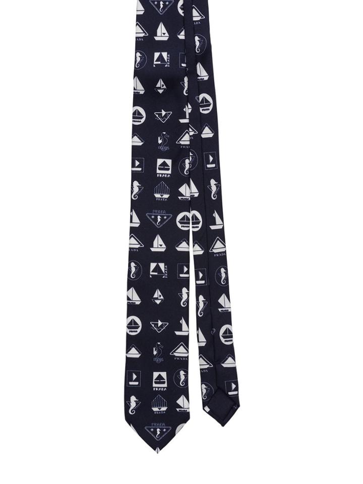 Prada Boat Motif Twill Tie - Blue