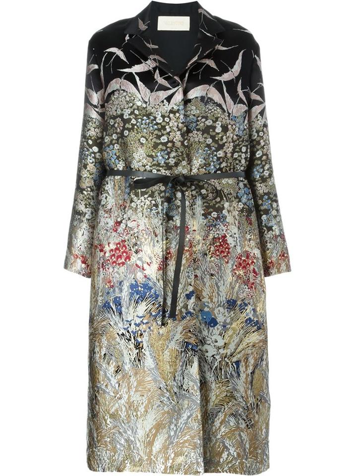 Valentino Floral And Bird Jacquard Coat, Women's, Size: 42, Black, Polyester/silk/leather